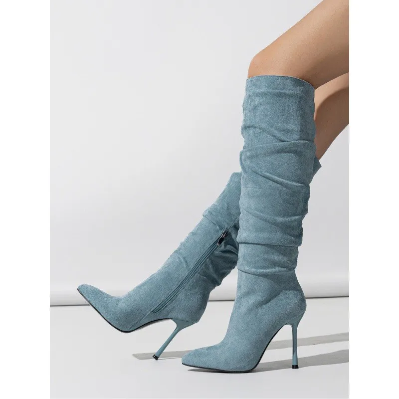 

2026 new women's boots pointed suede thigh high pleated side zipper boots fashion fine heel a stirrups women's boots