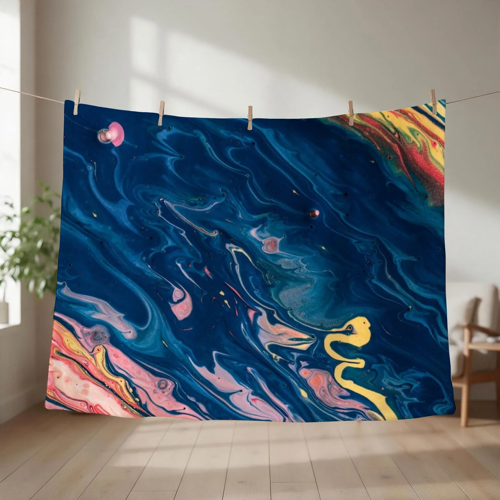 Marble Swirls of Dark Blue Pink Red and Yellow Abstract Pattern Throw Blanket couch cozy soft plush fuzzy picnic outdoor blanket