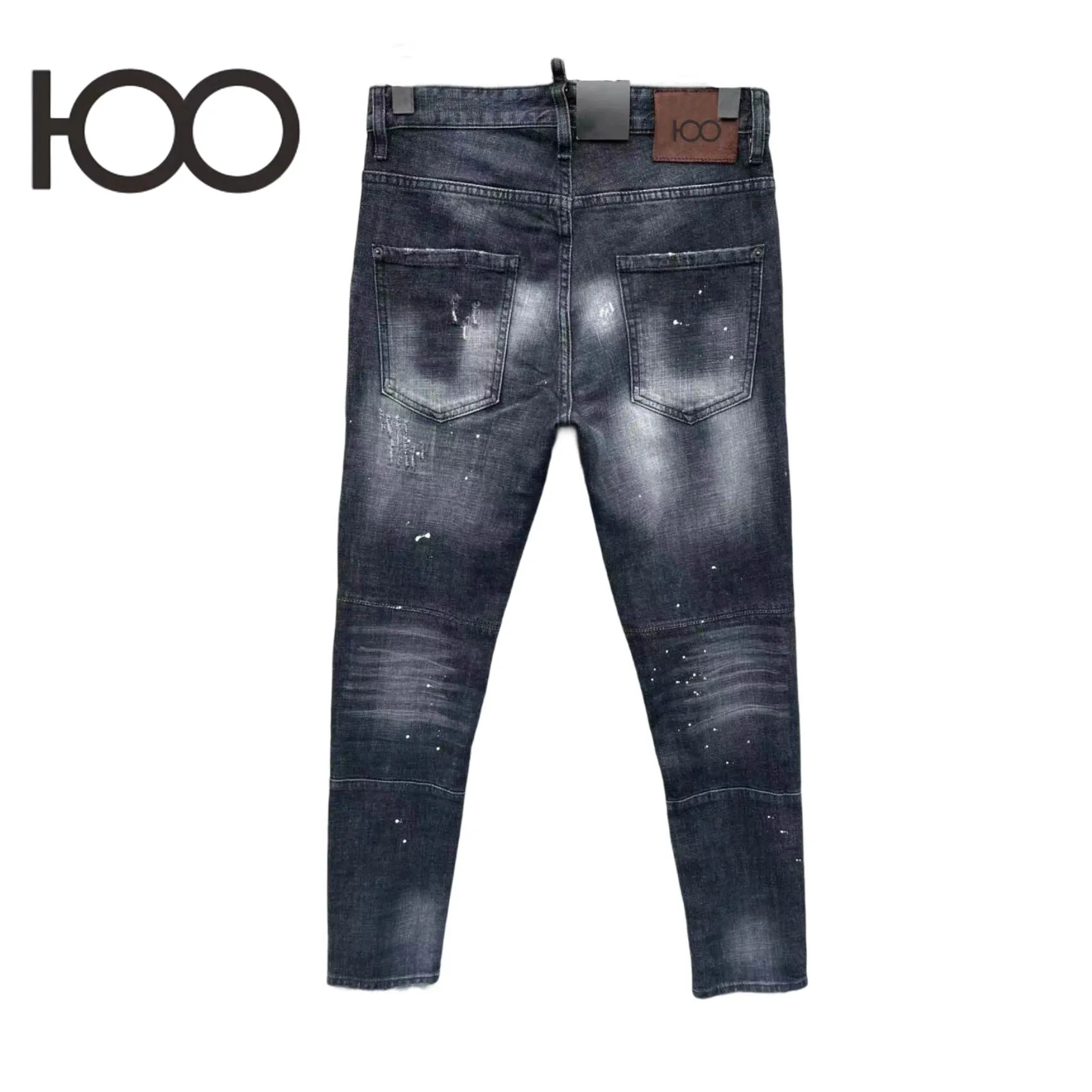 L006 Men's Punk Distressed Jeans  Skinny Fit Washed Denim Pants with Paint Splashes & Ripped Holes  Paint Accents Distressed