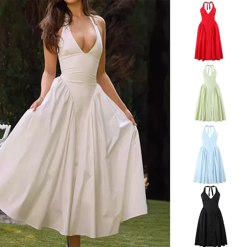 

Backless Deep V Spliced Long Dress Summer Women's Sexy Party Dress Halter Elegant Slim White Sleeveless Evening Party Dress