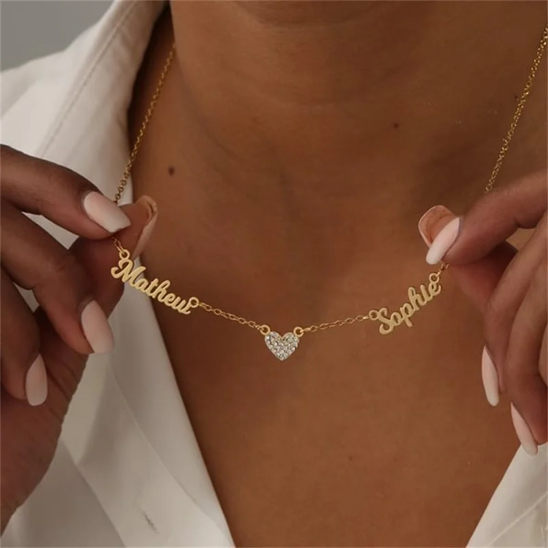 

2 Names Necklace with Heart, Personalized Couple Names Necklace Custom Memorial Name Jewelry Gift for Women Girls Gift