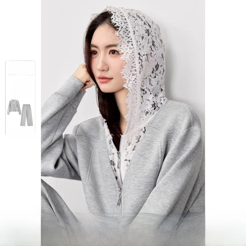 

Lace Hooded Double Zipper Sweatshirt Jacket Elastic Waist Straight Leg Pants Women's Fashion Set Casual Style Autumn Wear