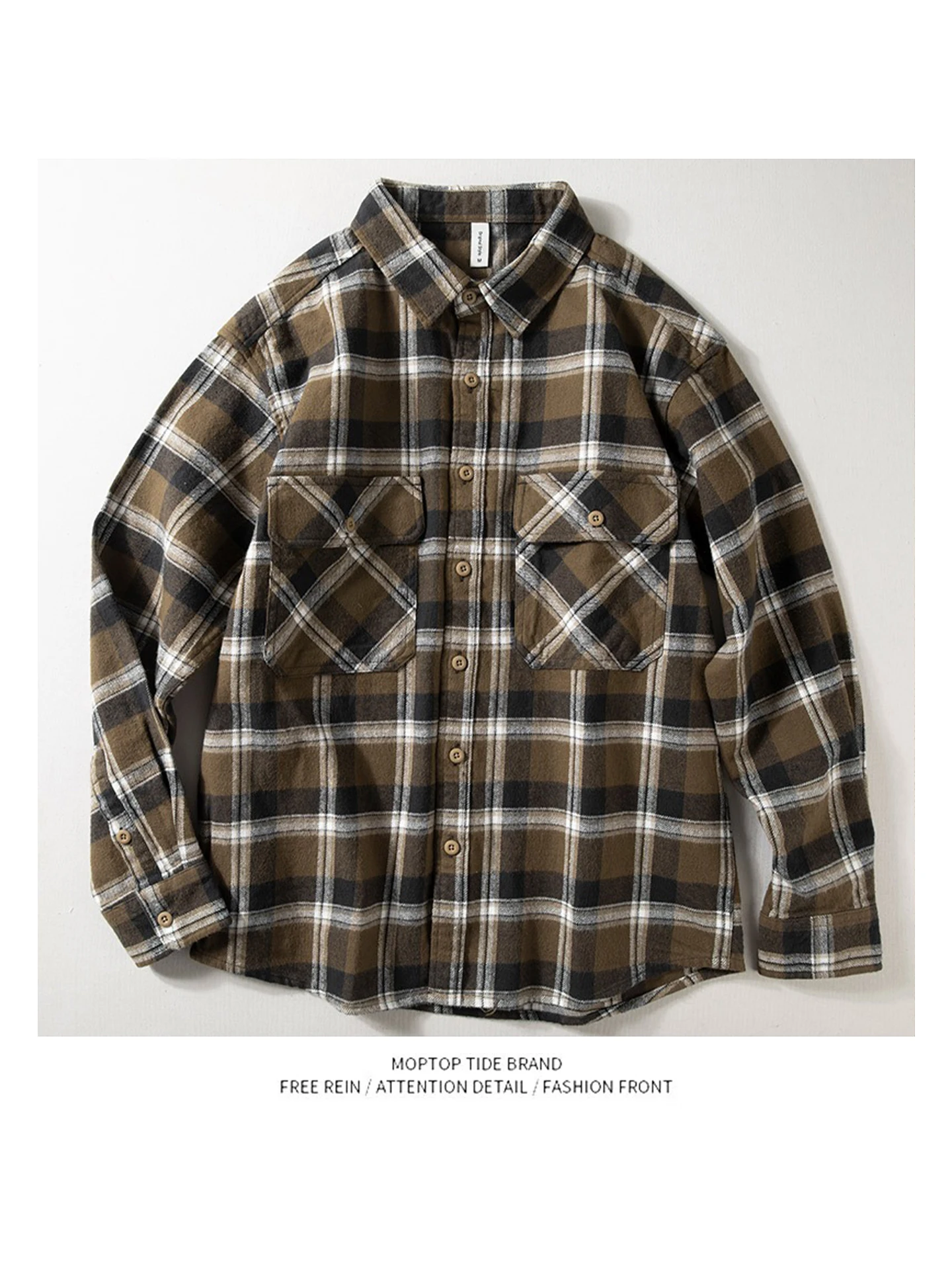 

Plaid Long Sve irt Men's Brued Loose Fit Spring Autumn Sle Japanese Retro Thiened Polyester Fiber Youth Faion