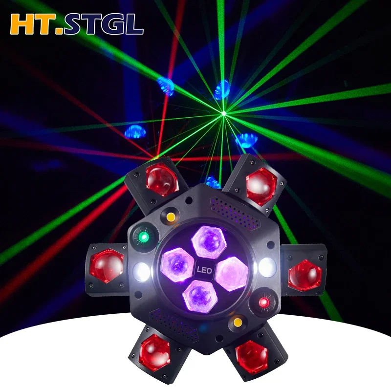 New 6-Arm Bee Eyes LED Laser Light Source Beam Effect with Red Green Laser and Blue White Light Emission for DJ Laser Events