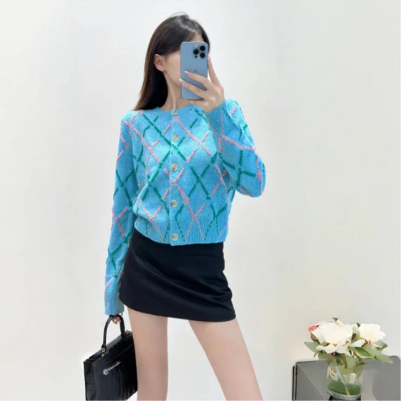 2 Piece Set Women Autumn Contrasting Geometric Rhombus Long-sleeved Knitted Sweater Cardigan + Sleeveless Vest Dress Women\'s Set