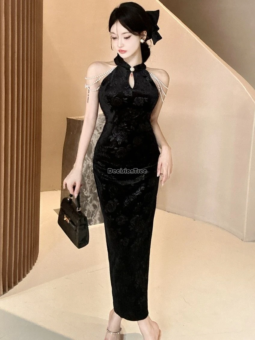 2025 women\'s improved chinese sleeveless slimming cheongsam new sexy female hollow out design retro fashion party qipao dress