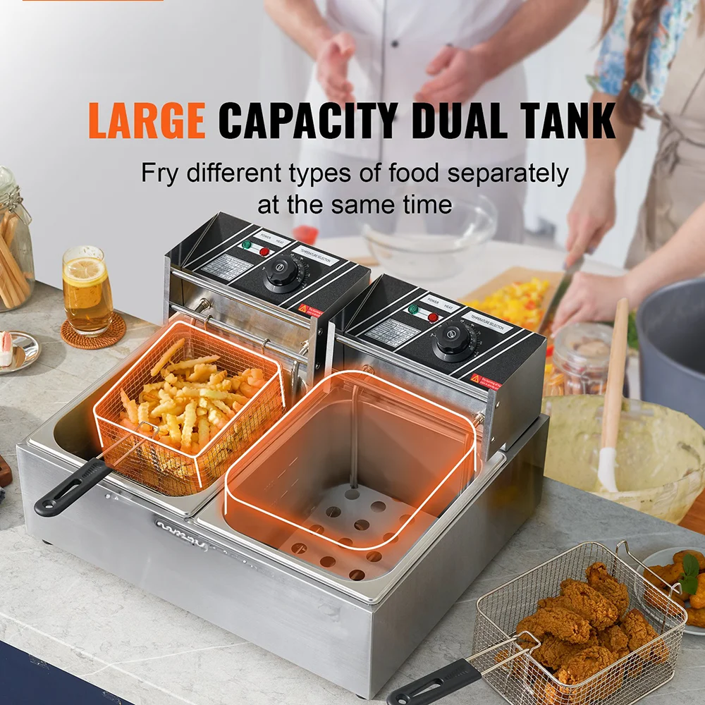 Upgrade Commercial 5kw Electric Deep Fryer Countertop Deep Fryer with Double Stainless Steel Tan Detachable Tanks 6L+6L,220v