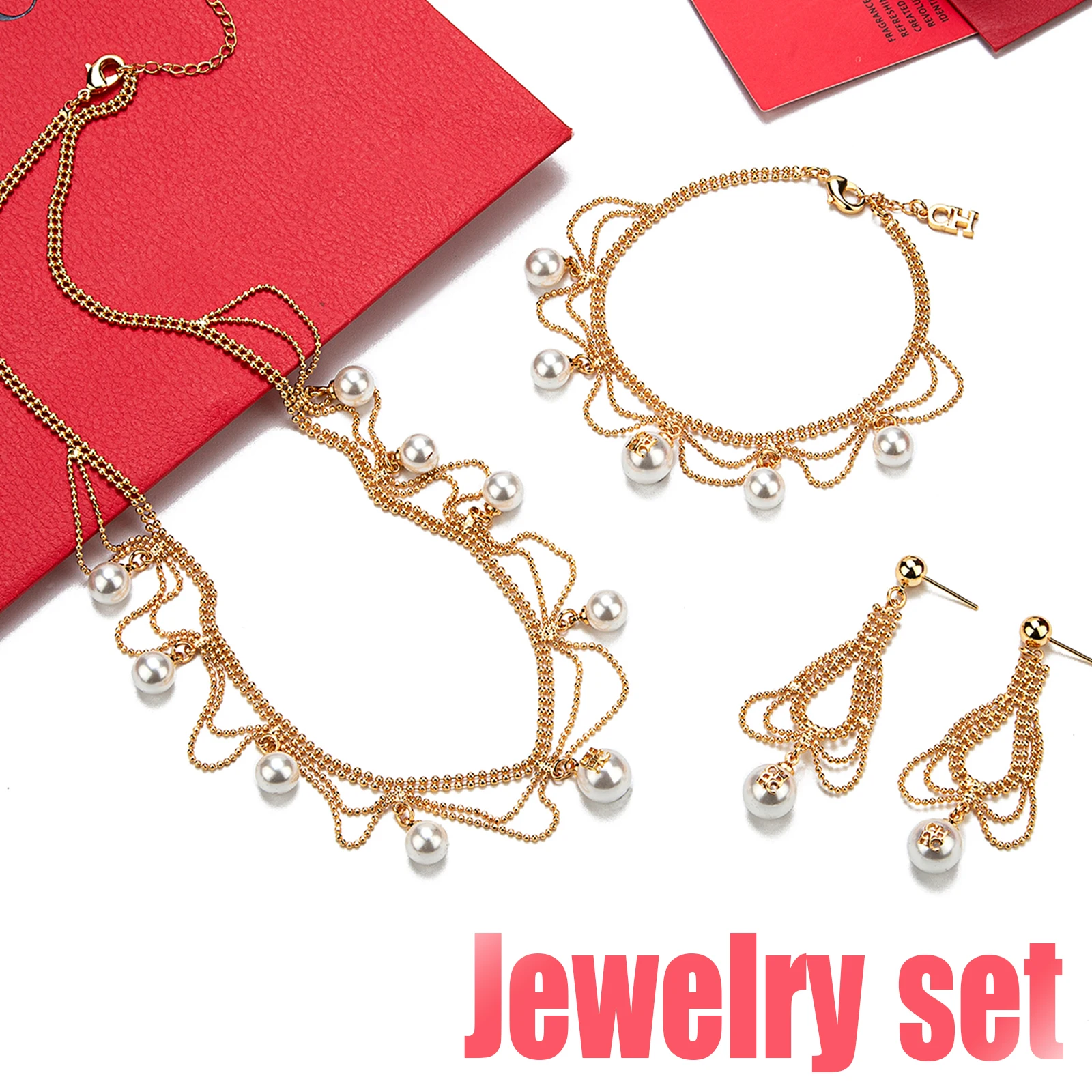 

2025 Luxury Pearl Fringe Jewelry Set 3Pcs Multi-Layer Adjustable Necklace 44-49cm Earrings Bracelet 19-22cm Romantic Dinner Gift