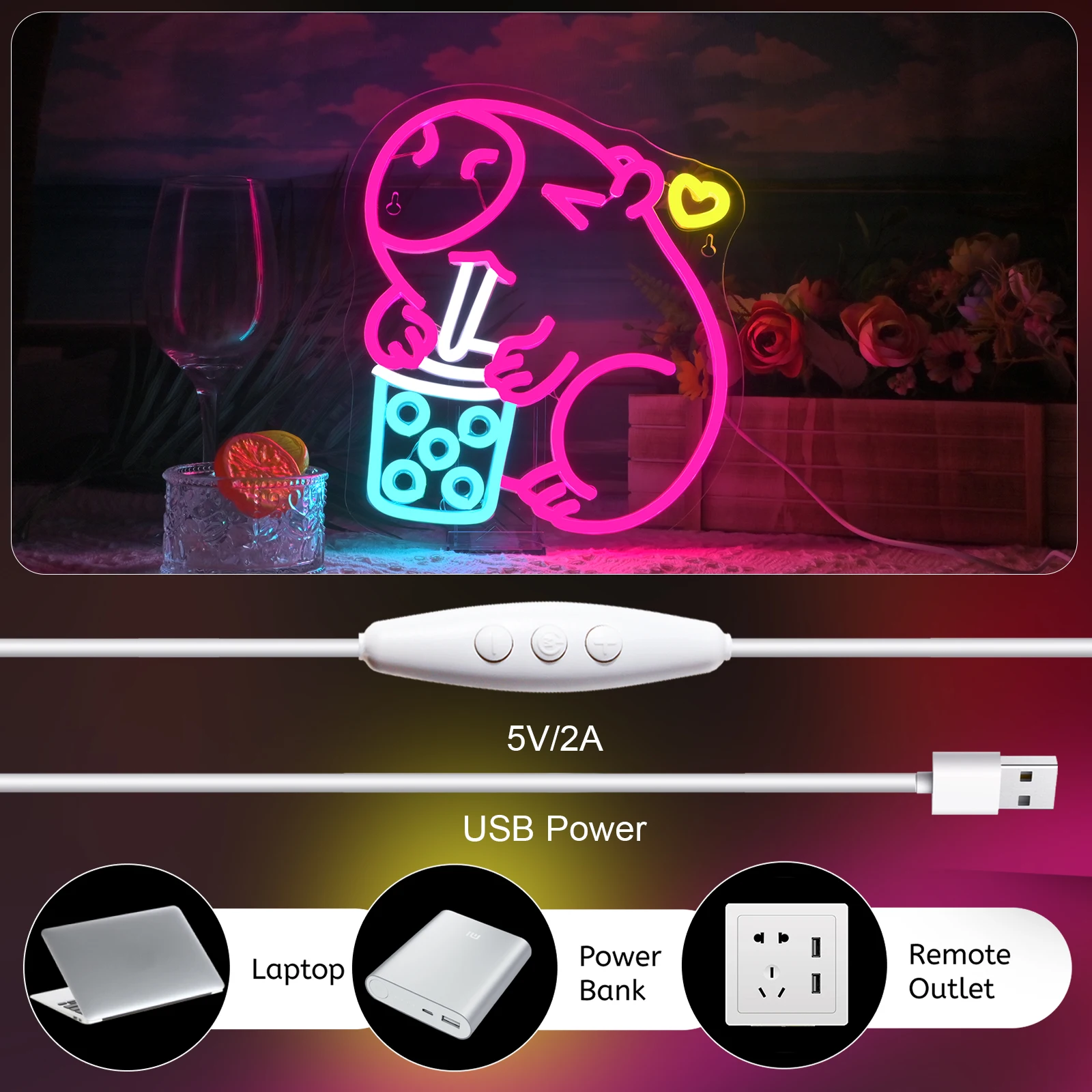 Capybara Drink Milk Tea Neon Sign Multicolor LED Cartoon Animal Light Wall Hanging Decor for Bedroom Party Birthday Gifts