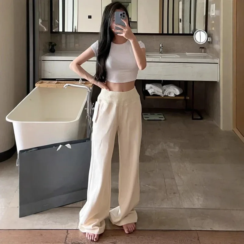 Women High Waist Knit Patchwork Fleece Lined Wide Leg Stacking Pants Elegant Slim Fit Winter Trousers Old Money Style Warm