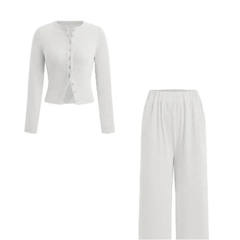 

Slim Button Long Sweater Wide Leg Pants Set for Women Faionable Winter Outfit Mid-Term Collection Long Sve Long Pants