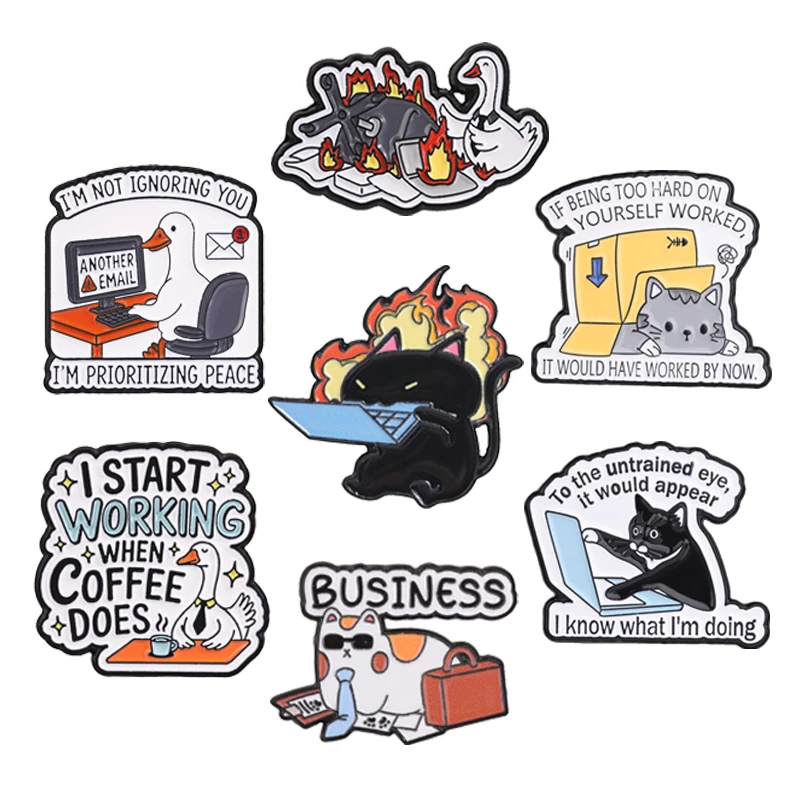 Funny Working Animal Enamel Badge Workplace Goose Email Coffee Angry Cat Pins Cartoon Business Kitten Brooches Jewelry Gifts