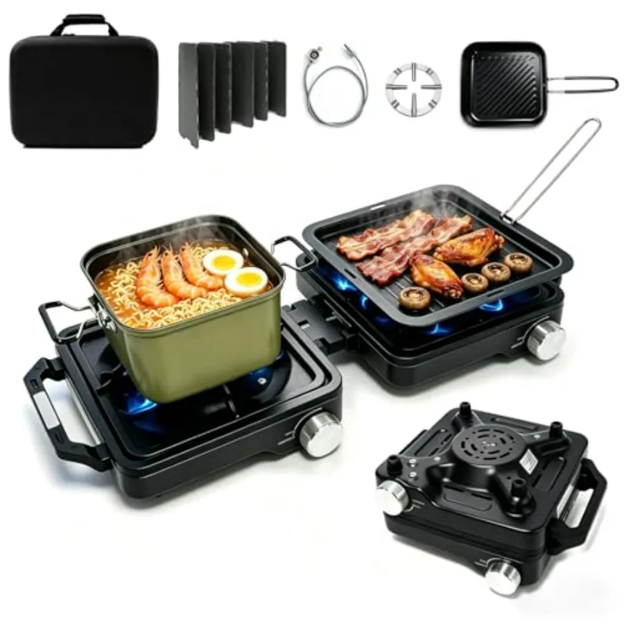 

2 Burner Camping Stove 24000 BTU for RV tailgating survival use, black steel portable propane stove set with frying pan and pot