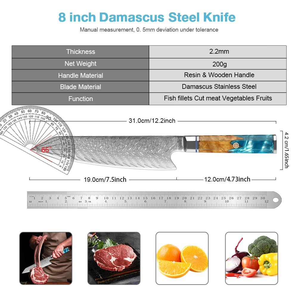 Cuchillo de Chef Kiritsuke, cuchillo de Damasco afilado profesional de 8 pulgadas, cuchillo Gyuto de cocina japonés VG-10 de acero inoxidable con alto contenido de carbono