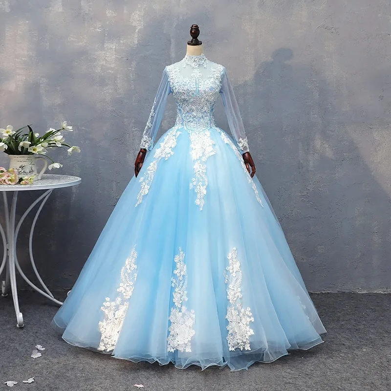 

Sky Blue Ball Gown Quinceanera Dresses Appliques Tulle High Neck Prom Birthday Party Gowns Long Sleeves Vestido De Anos Sweet 16