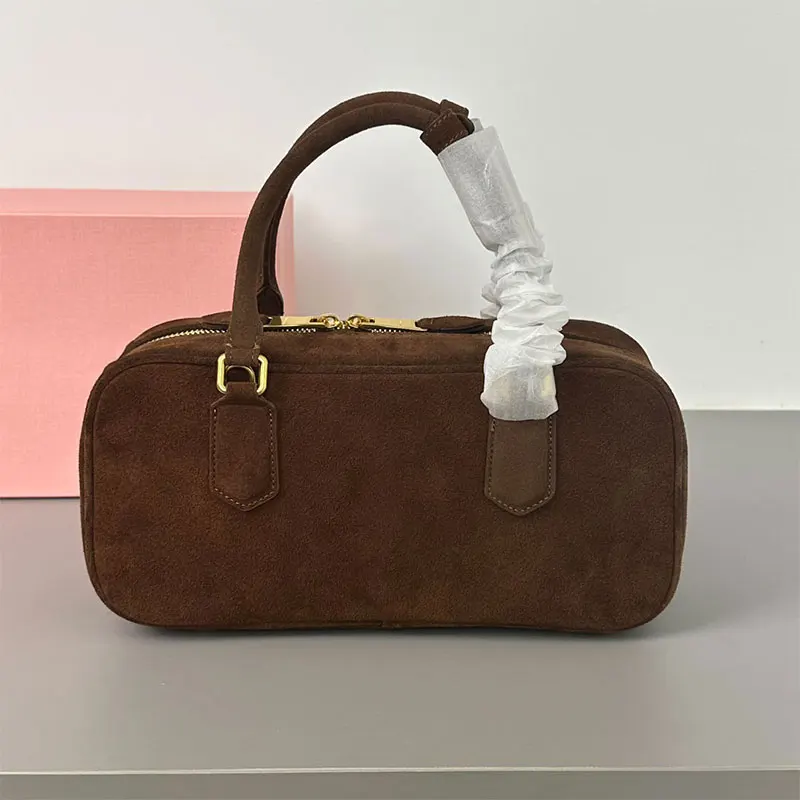 Sac de bowling en daim souple marron pour femme, sac à main Boston, sac à bandoulière décontracté pour femme, sac à main initié, fourre-tout de luxe, haute qualité