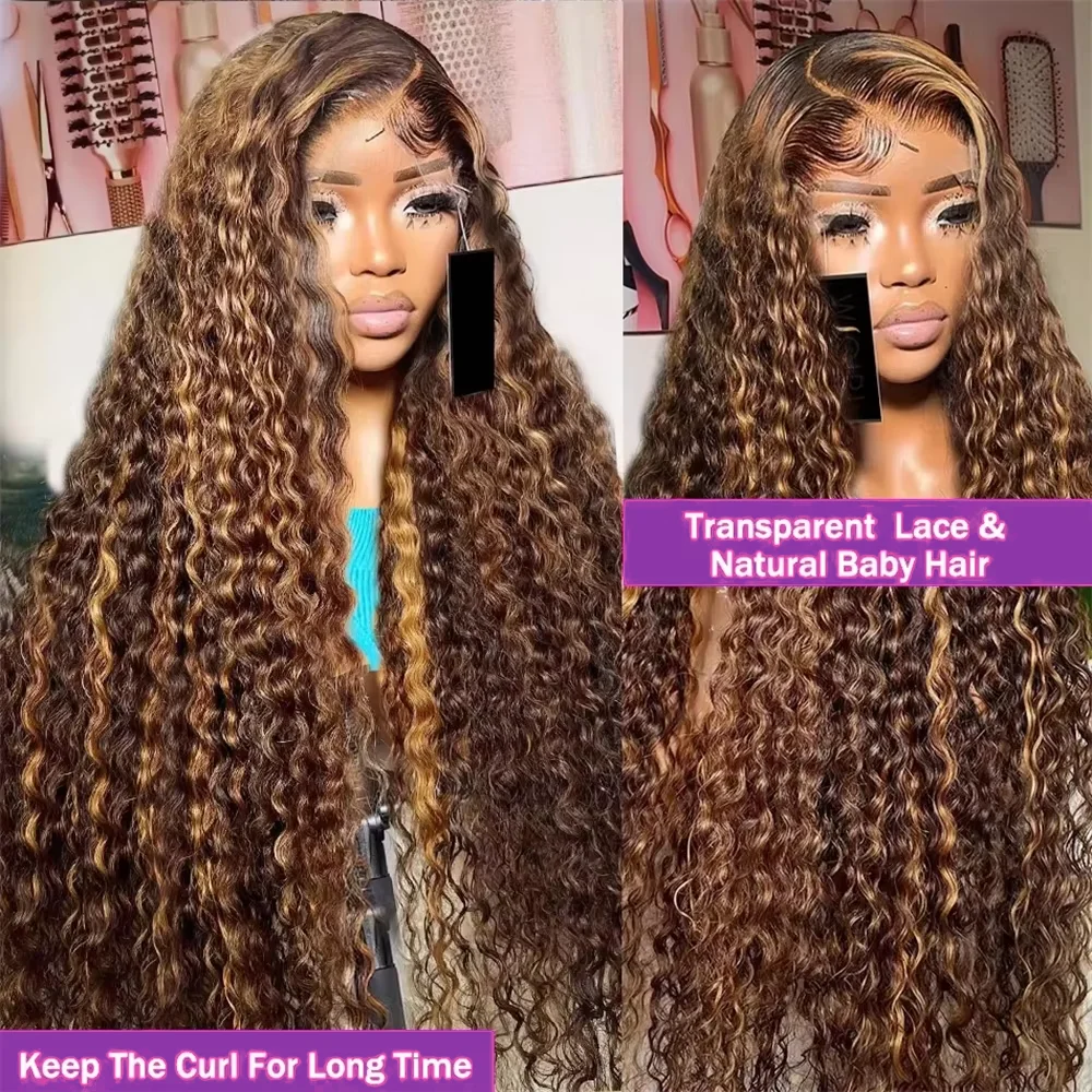 Curly 13x4 Brown Highlight Lace Frontal Wig 13x4 P4/27 Highlight Ombre Deep Wave 28 30Inch Water Wave Human Hair Lace Front Wigs