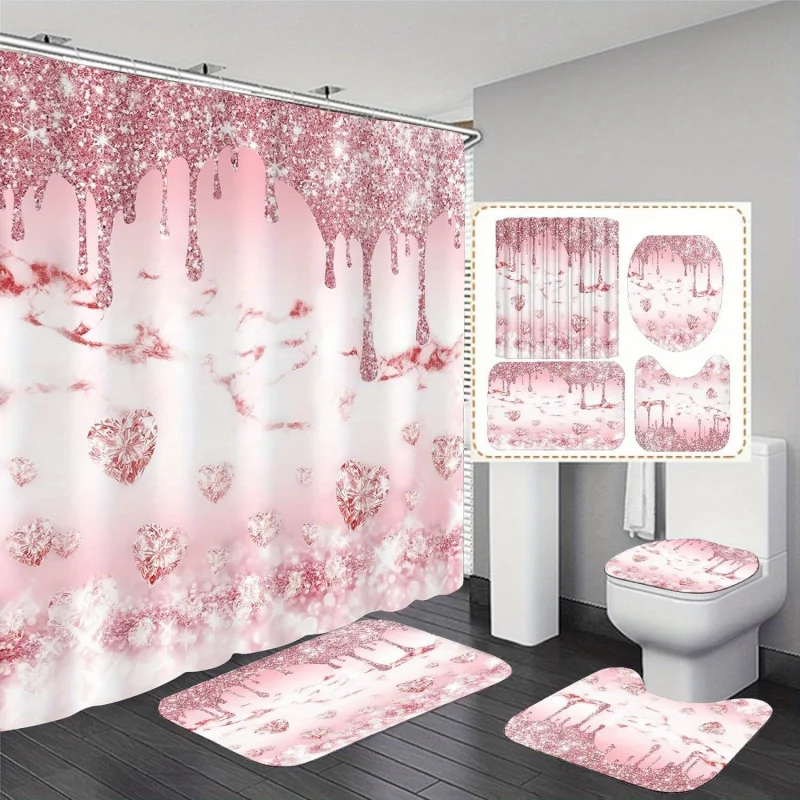 1/4 Brilliant Love Pink Crystal Shower Curtain Set with Non-slip Carpet, Christmas Decoration, Bathroom Accessories Inc