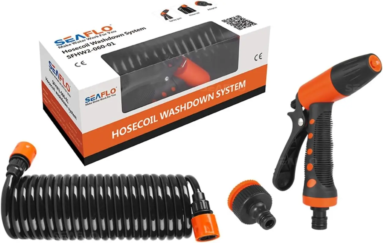 Portable 20' Hosecoil Washdown System, Coiled Hose Spray Gun, Adjustable Nozzle, Marine RV Boat Deck Cleaning System