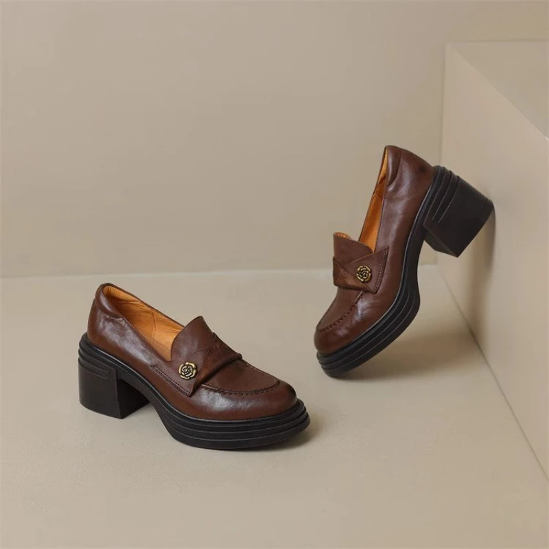 Women High Heel Shoes 2025 Retro Spring Autumn Performance Causal Women's Loafers Fashion Versatile Pumps Ladies Leather Shoes