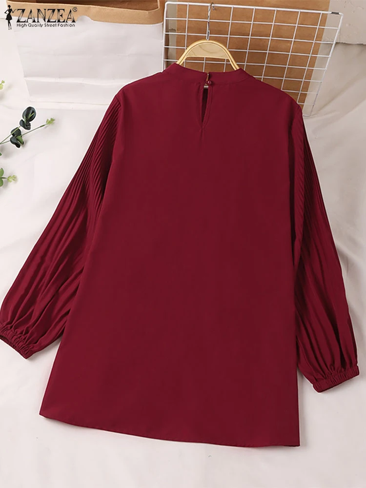 ZANZEA Women Autumn Pleated Long Blouses Long Sleeve O Neck Casual Blusas Mujer Muslim Islamic Fashion Solid Color Tunic Tops