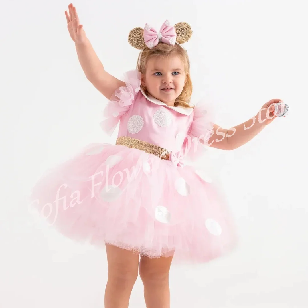

Lovely Polka Dots Flower Girl Dress Pink Tulle A-Line Pleated Mini Dresses With Gold Bow Girls Birthday Party Gowns Customized