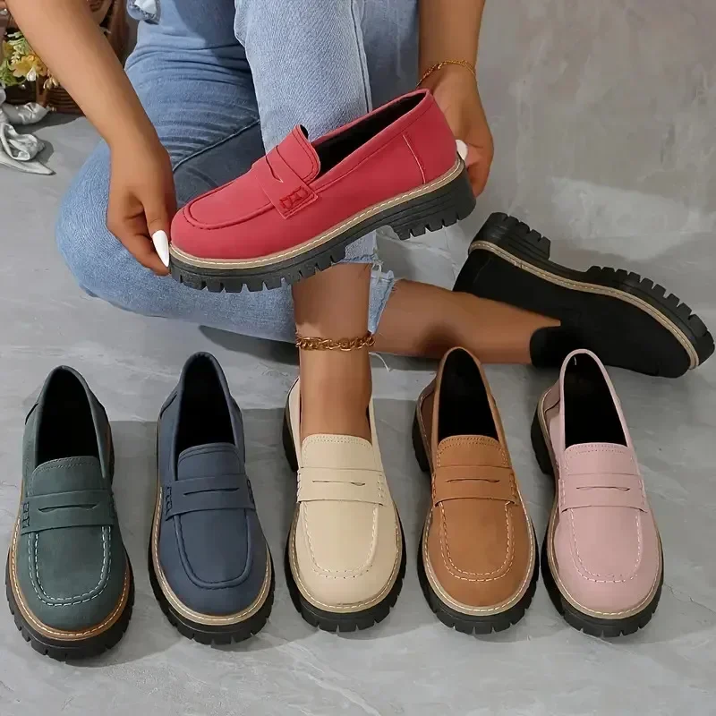 

2025 New Women's English Flat Shoes, Comfortable Low Heel Slippers, Women's Solid Color Thick Soled Loafers, Plus Size
