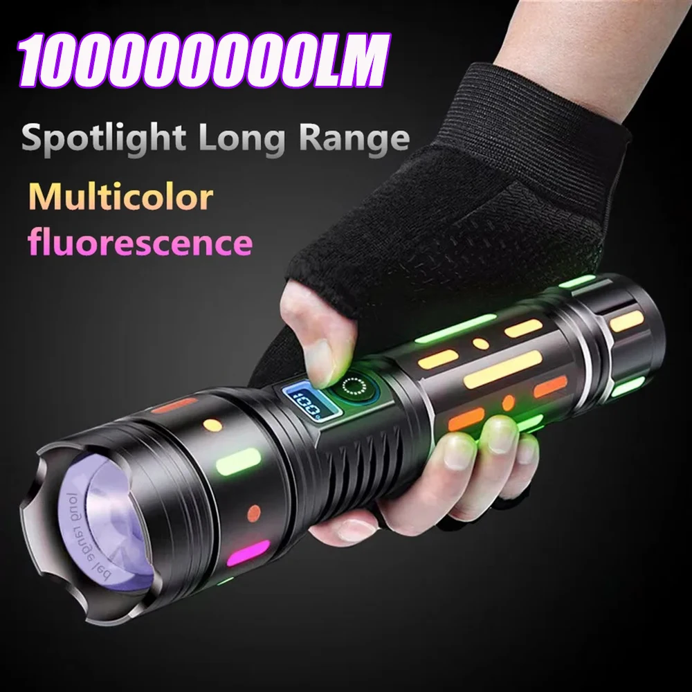 10000mah 2024 Power Spotlight LED Flashlight With Fluorescent Absorbing Film Luminous Colorful Tactical Torch With Power Display