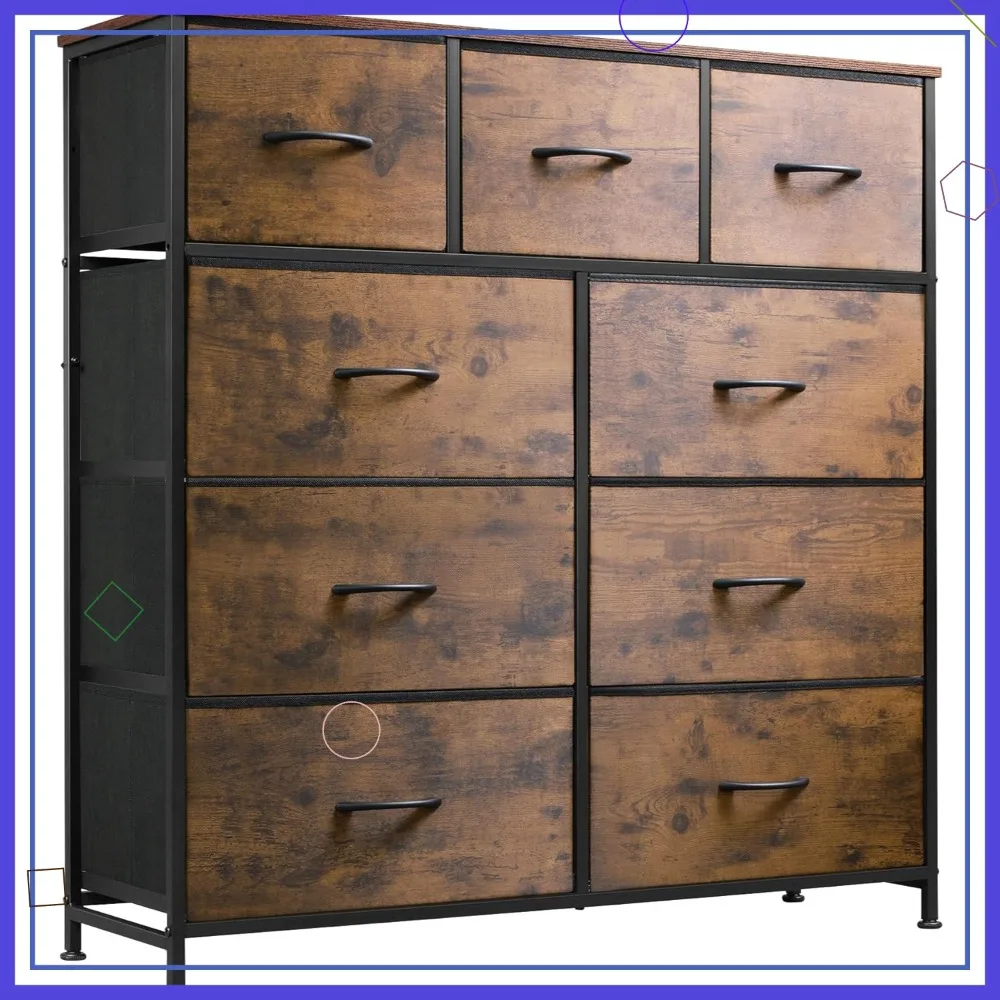 

9-Drawer Fabric Storage Tower with Steel Frame and Wood Top, Rustic Brown Design for Bedroom or Entryway Organization