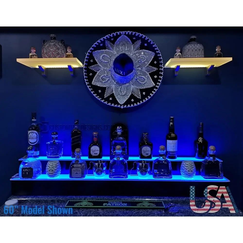 48" 2 Tier Wall Mounted Liquor Display Bar Shelves w/Wine Glass Rack