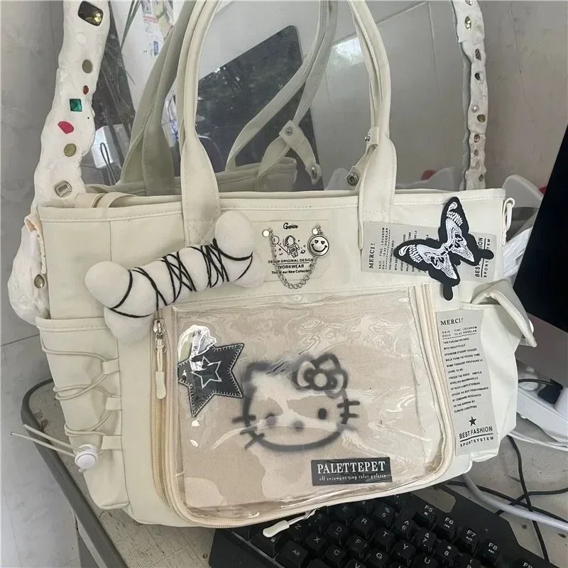 MBTI Y2k Hello Kitty Womens Tote Bag Canvas Large Capacity Pink Patchwork Shoulder Bag Casual Chain Sweet Fashion Ladies Handbag