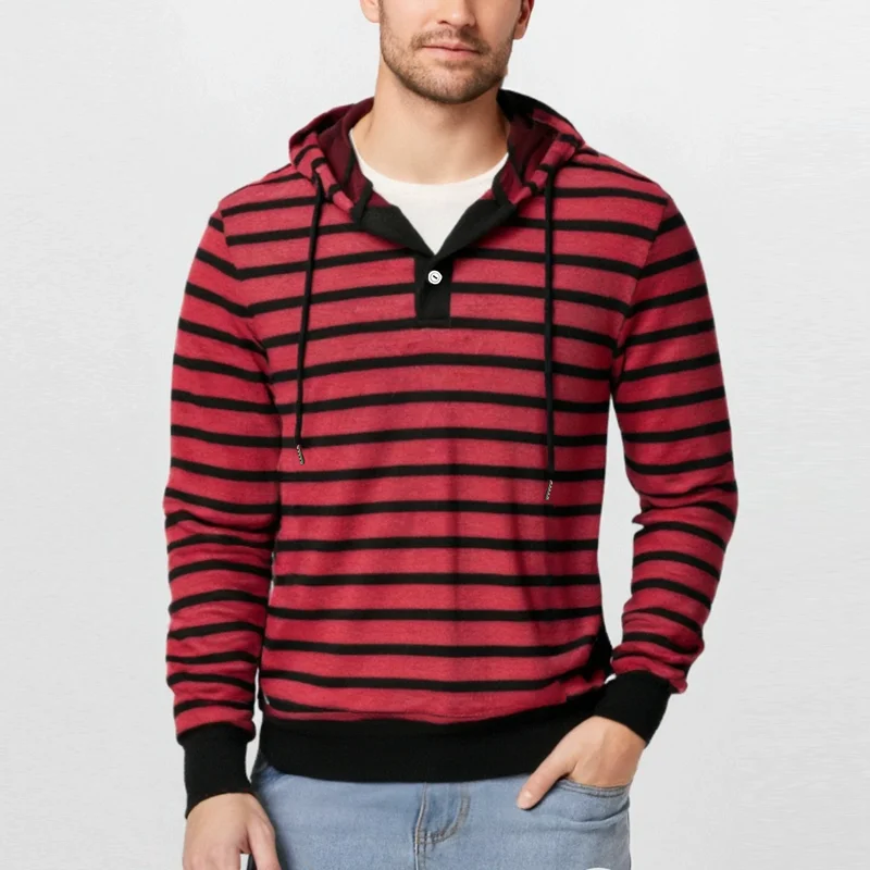 

Pop 2025 New Vintage Men's Striped Hooded Sweatshirts Fashion Pull On Casual Hoodie Male Long Sleeve Streetwear Hooded Sweatshir