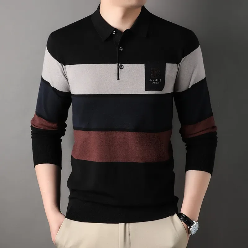 Fashion Brand Men's Polo Shirt Striped Autumn and Winter Clothing Long Sleeve Casual Korean Style Top Quality Polo Shirt for Men