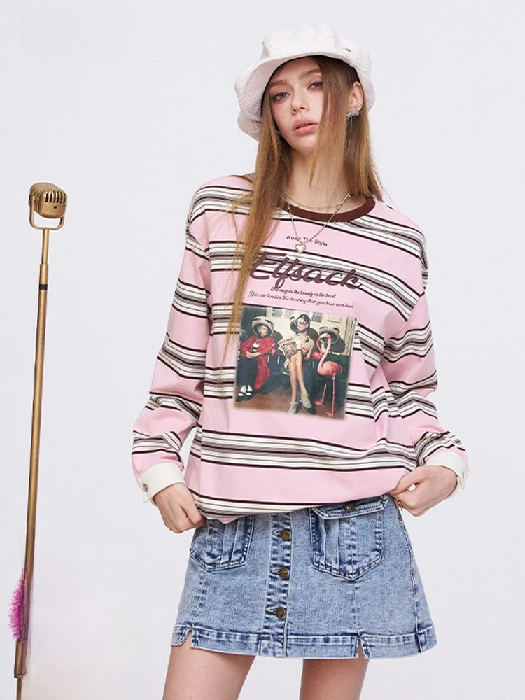 

Retro Print Striped Long Sve T-irt Women Summer Loose Inner Wear Top Casual Sle Cotton Blend round Ne Stand Fit