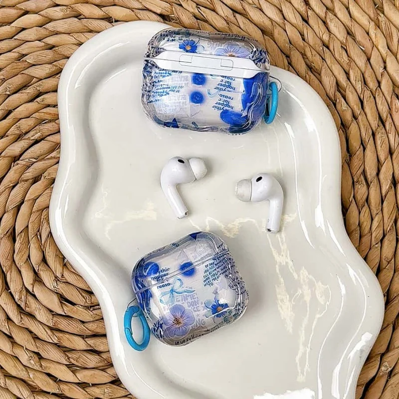 Fashion Blue Flower Print Earphone Case For Apple Airpods Pro 2 3 4 Cover Silicone Headphone Charging Cases For Airpods 3 Cute F