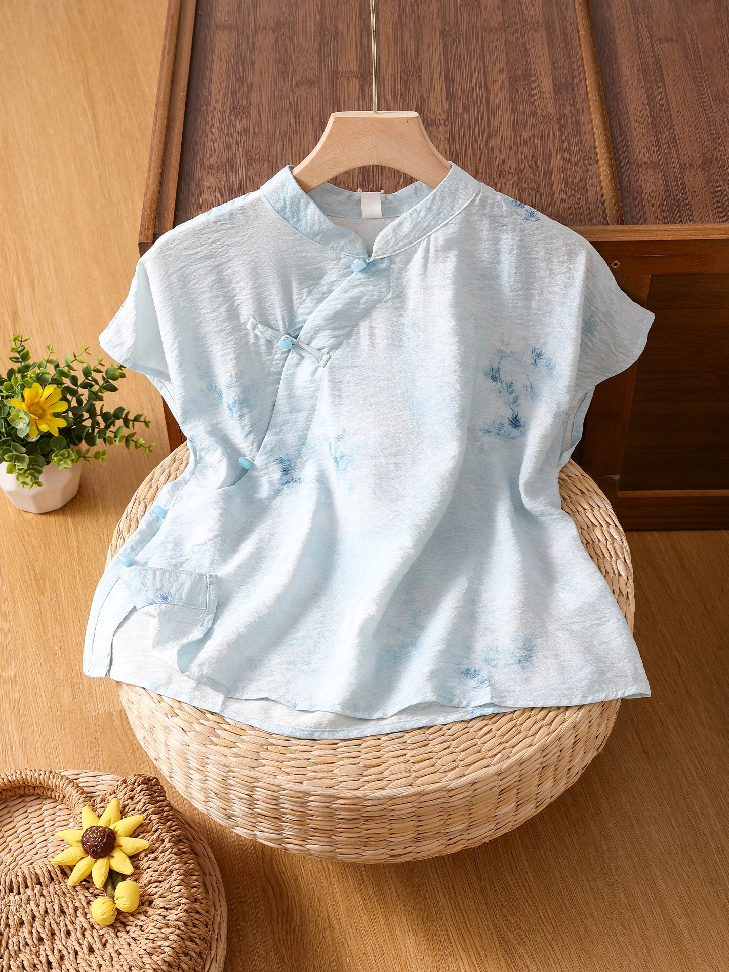 Nuevo Top chino Sle de lino refinado Svel irt para mujer, Top nacional con estampado Retro y solapa oblicua abotonada