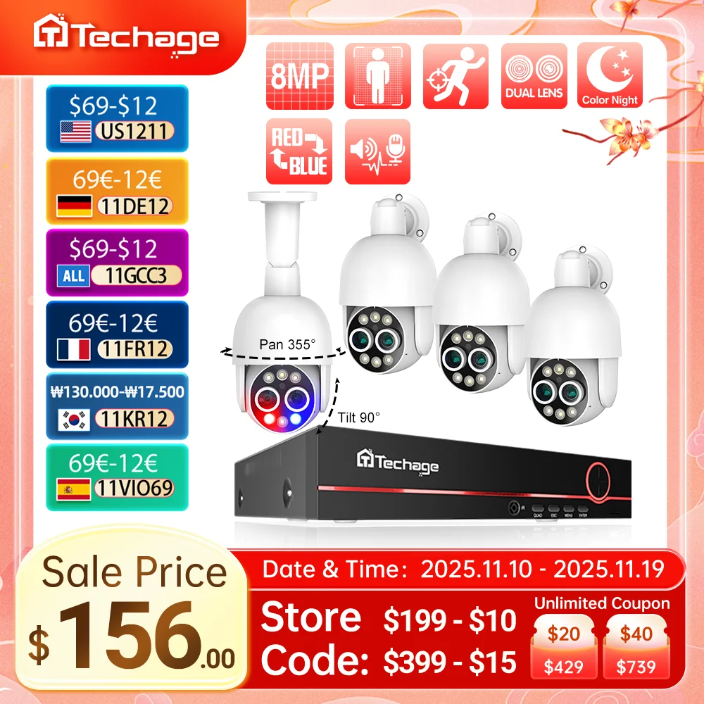

Techage 8-канальная PTZ 8-мегапиксельная система видеонаблюдения с двумя объективами PoE 8-кратным зумом 4-мегапиксельная двусторонняя аудиосвязь NVR Комплект видеонаблюдения ONVIF для обнаружения человека