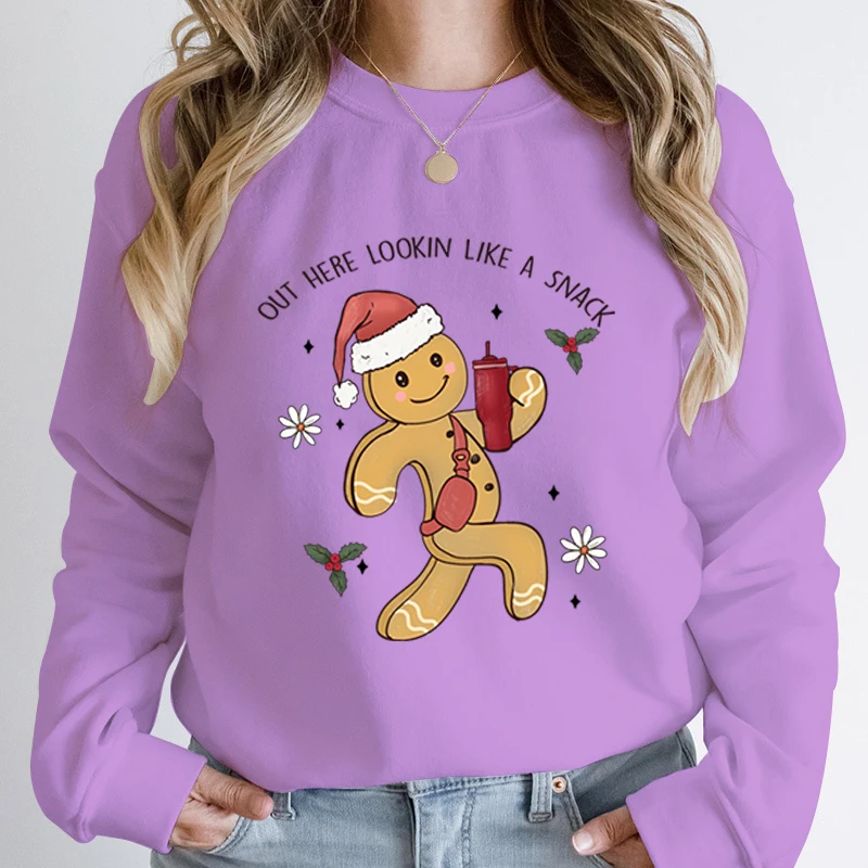 Christmas Gingerbread Out Here Lookin Like A Snack Print Pullovers Round Neck Tops Women Hoodeless Sweatshirts Long-sleeved Tops