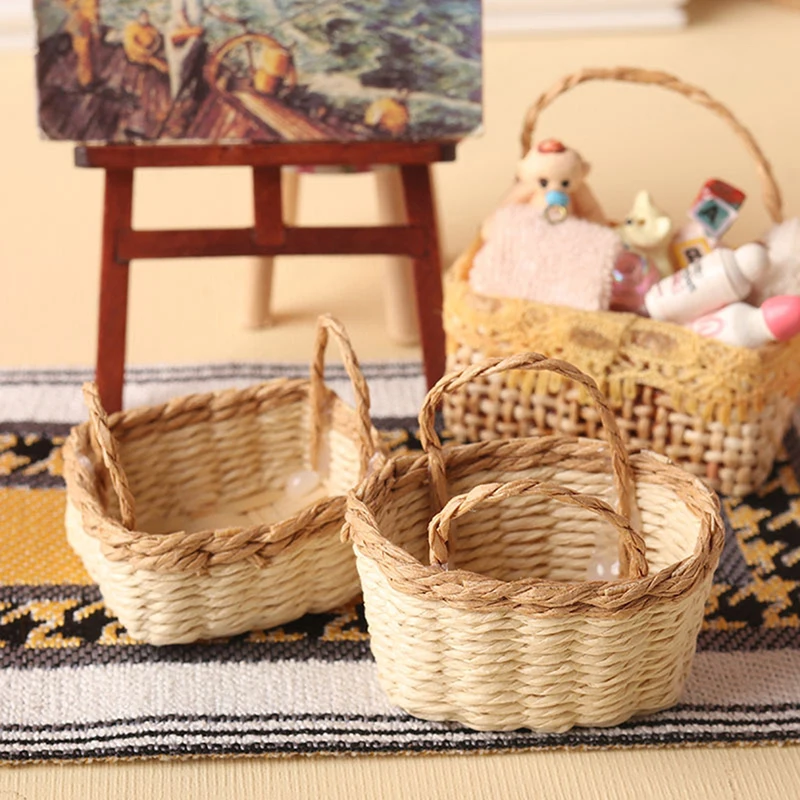 1:12 Dollhouse Bamboo Rattan Miniature Storage Basket Vegetable Food Woven Frame Kitchen Model Decor Toy Doll House Accessories