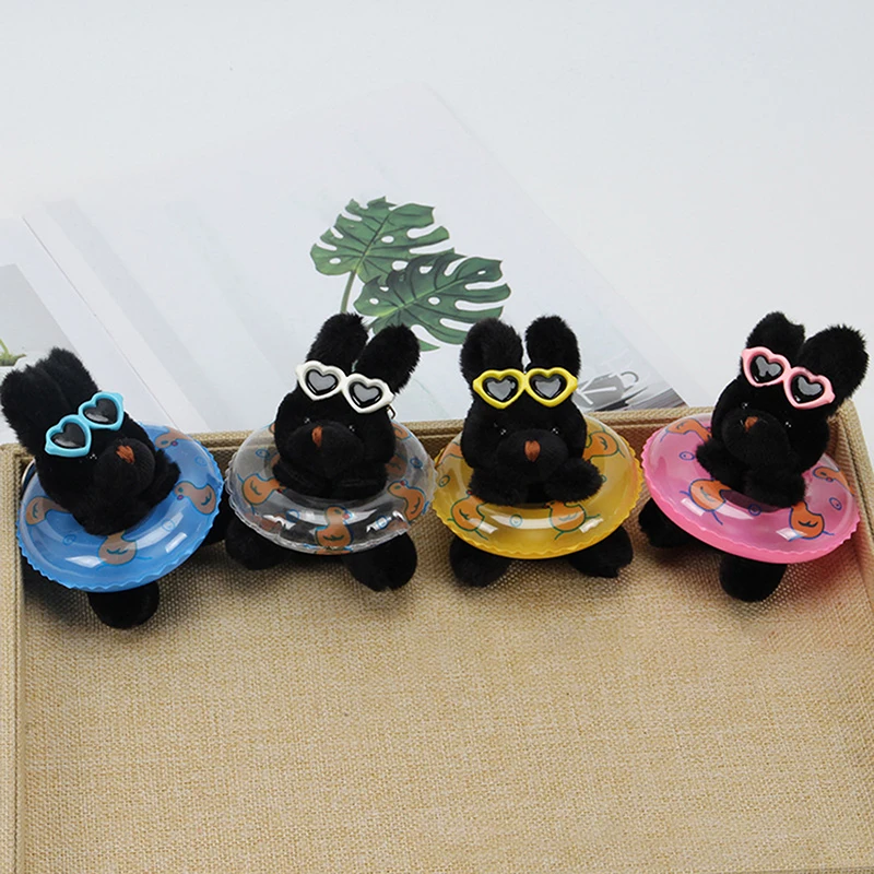 Cute Swimming Circle Sunglasses Puppy Pendant Keychain Stuffed Plush Doll Toy Car Backpack Hangings Ornament Gifts