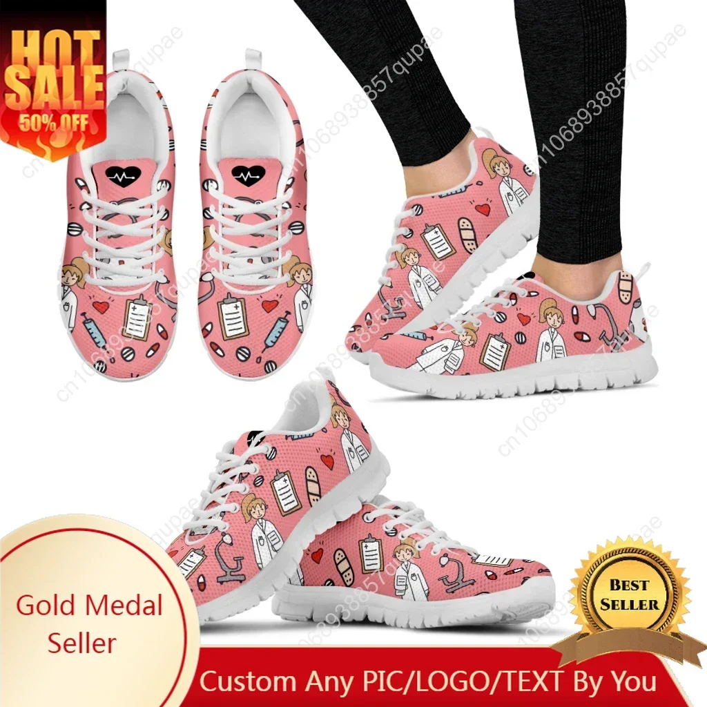 

Pink Blue White Nurse Doctor Pattern Woman Flats Lace Up Shoe Sneakers Breahtable Spring/Autumn Shoes 2024