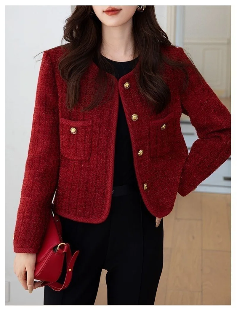 Outerwears Women\'s Jacket  Women\'s Jackets New Burgundy Coat Women\'s Spring and Autumn Temperament Joker Socialite Tweed Coat