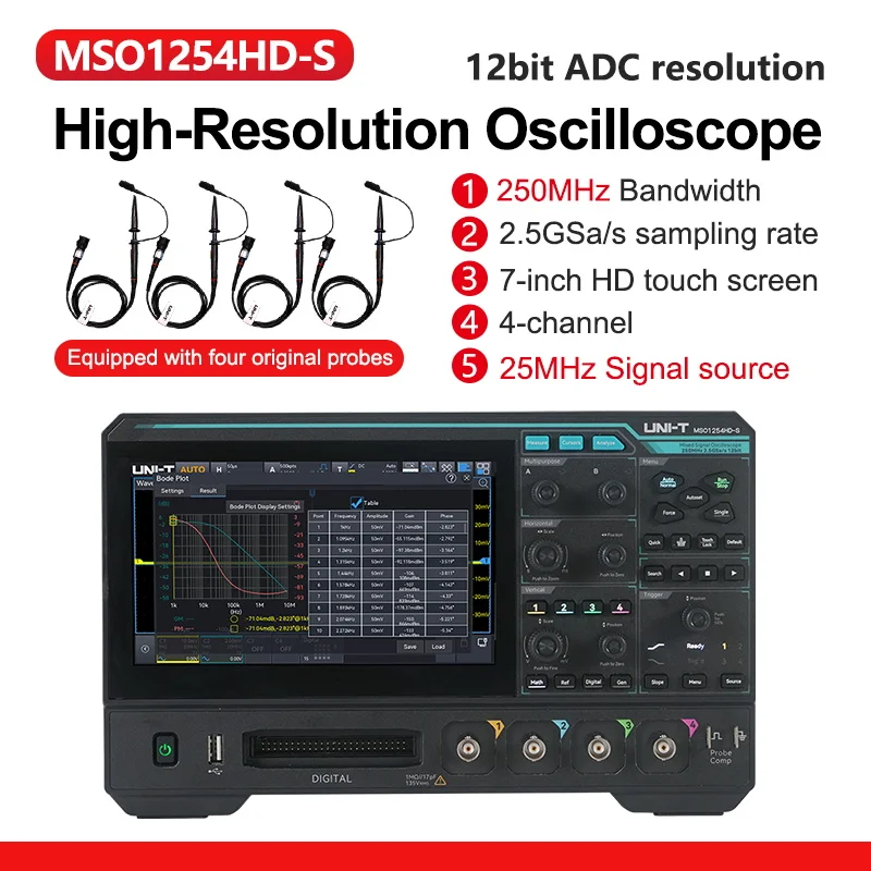 UNI-T 4-Kanal Digital-Oszilloskop MSO1154HD 150MHz/250MHz 2,5GSa/s Oszilloskop 12-Bit ADC Samplung MSO1254HD Spektrumanalysator