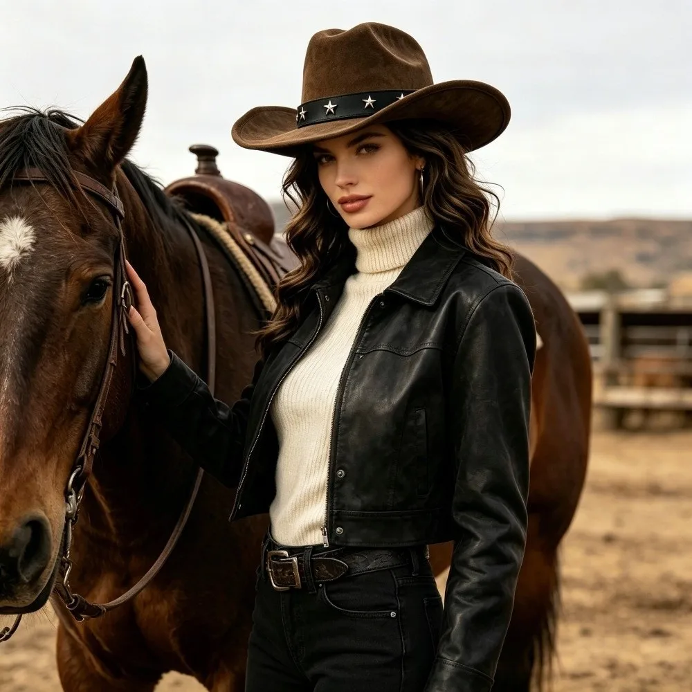 Fashion Big Brim Fedora Hat Five-pointed Star Belt Curved Brim Western Top Hat Vintage Breathable Cowboy Cap Wedding