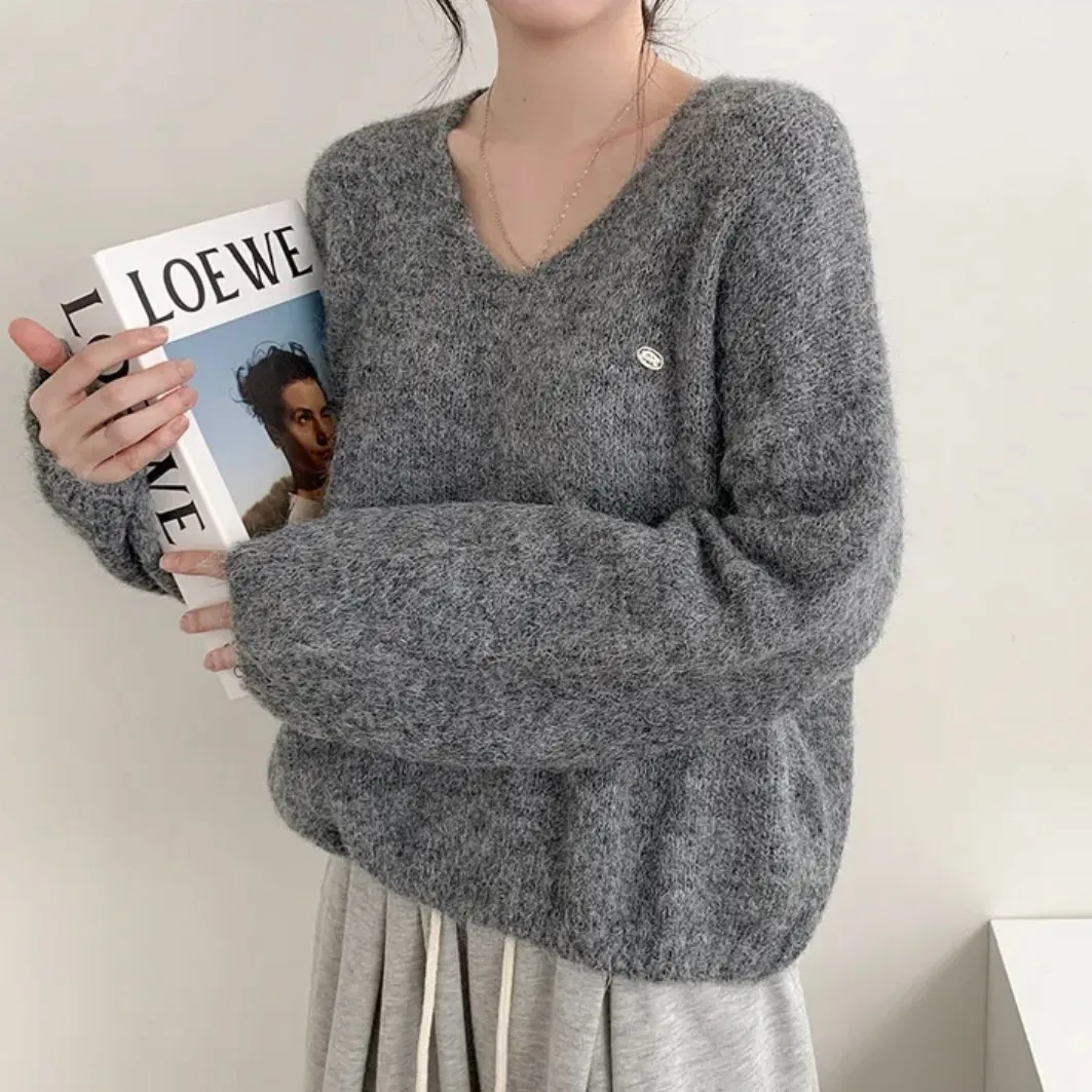 Suéter de Punto Peludo con Cuello en V, Estilo Hoado y Casual para Primavera/Otoño 2025, Versátil, Simple, de Manga Larga y...