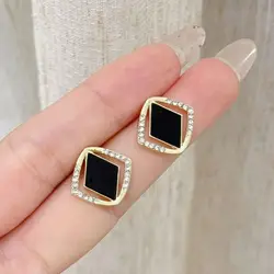 Hollow Out Rhombus Stud Earrings for Women Black Enamel Oil Rhinestones Earrings Party Trendy Punk Golden Color Geometry Jewelry