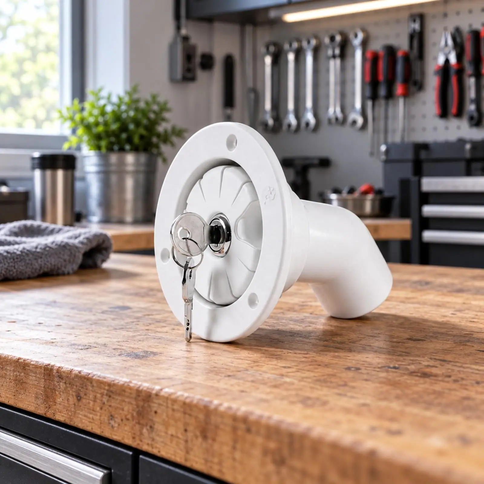 Tapa de entrada de agua para caravanas, de plástico blanco con llave, compatible con el puerto de llenado estándar de las caravanas, ideal para viajes por carretera y para usar en acampadas.
