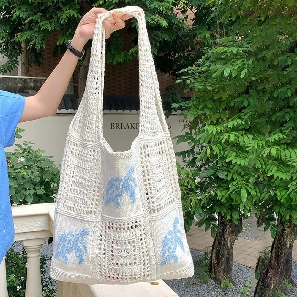 

Сумка на плечо, большая вместительная вязаная крючком сумка-тоут с вышивкой черепахи, полая тканая сумка, хлопковая вязаная сумка в корейском стиле, летняя