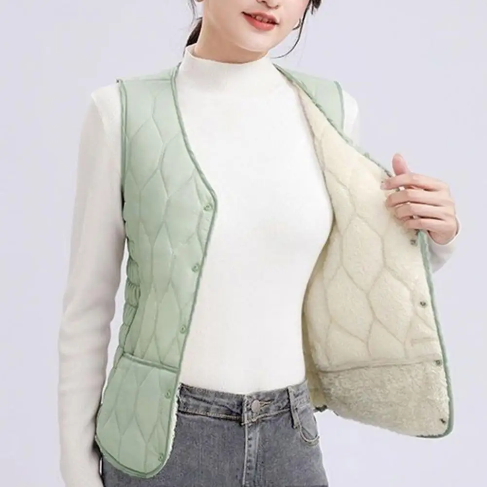 Women Autumn Winter Vest Coat Sleeveless Solid Color Padded Plush Plus Size Warm Windproof Casual V Neck Pockets Single-breasted