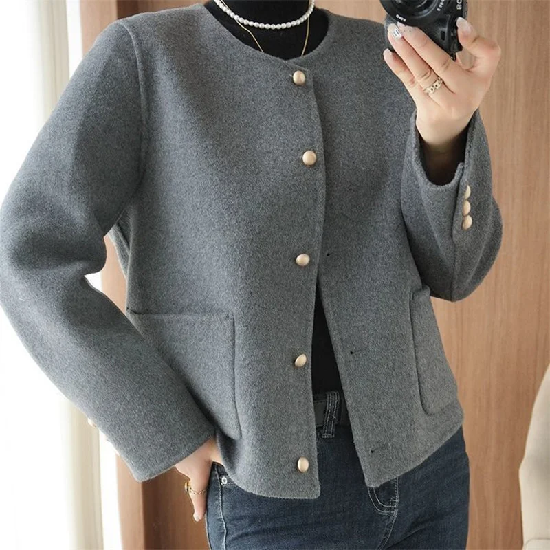 

Весна-осень-зима, высококачественное двустороннее шерстяное пальто, новая женская короткая шерстяная куртка с круглым вырезом, универсальное темпераментное пальто, топ